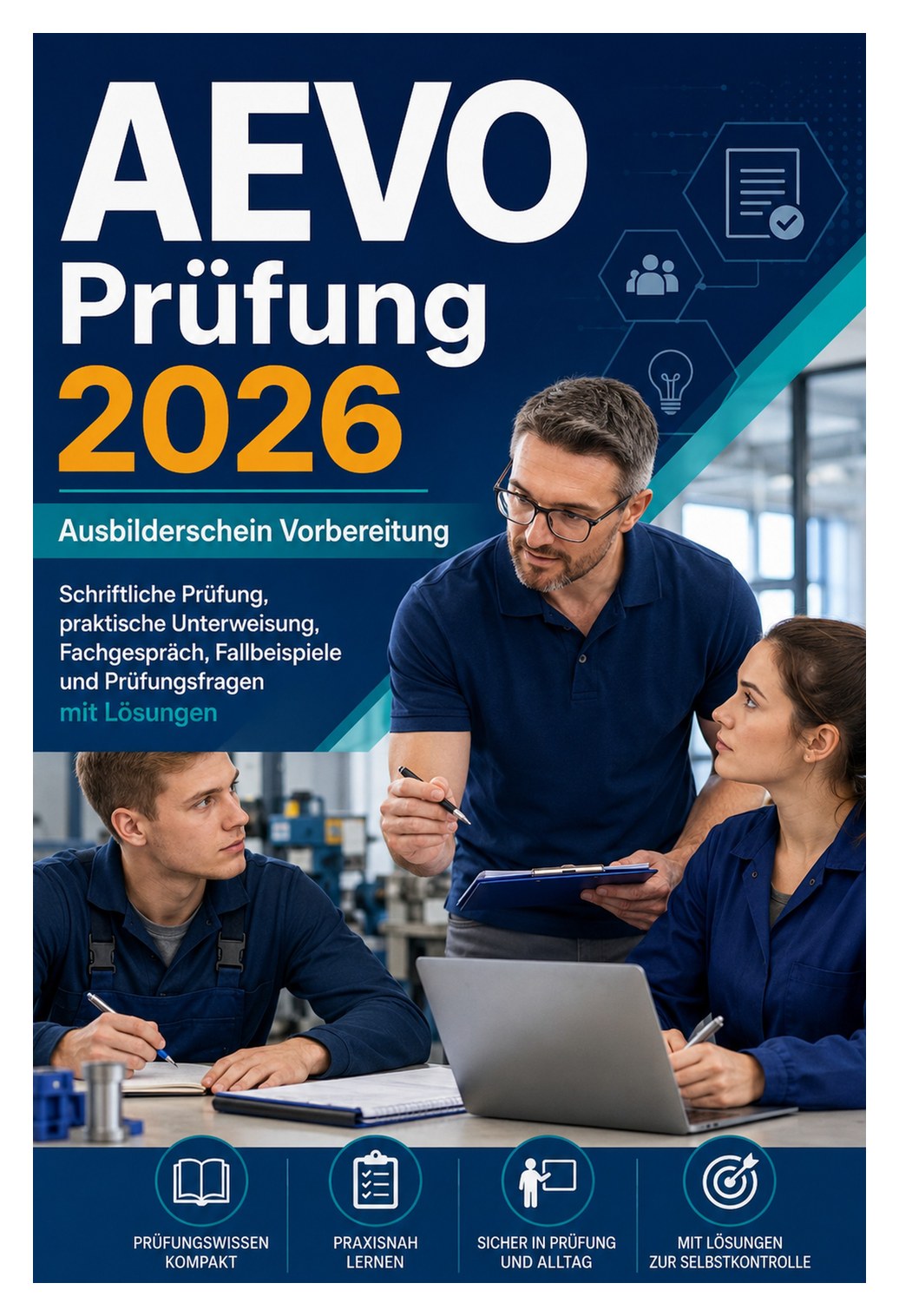 AEVO Prüfung 2026 — Ausbilderschein Vorbereitung — Schriftliche Prüfung, praktische Unterweisung, Fachgespräch, Fallbeispiele und Prüfungsfragen mit Lösungen