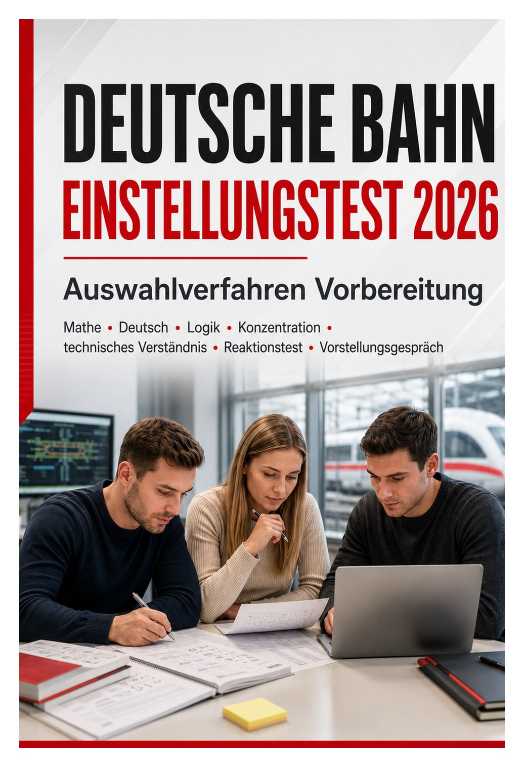 Deutsche Bahn Einstellungstest 2026 — Auswahlverfahren Vorbereitung — Mathe, Deutsch, Logik, Konzentration, technisches Verständnis, Reaktionstest und Vorstellungsgespräch