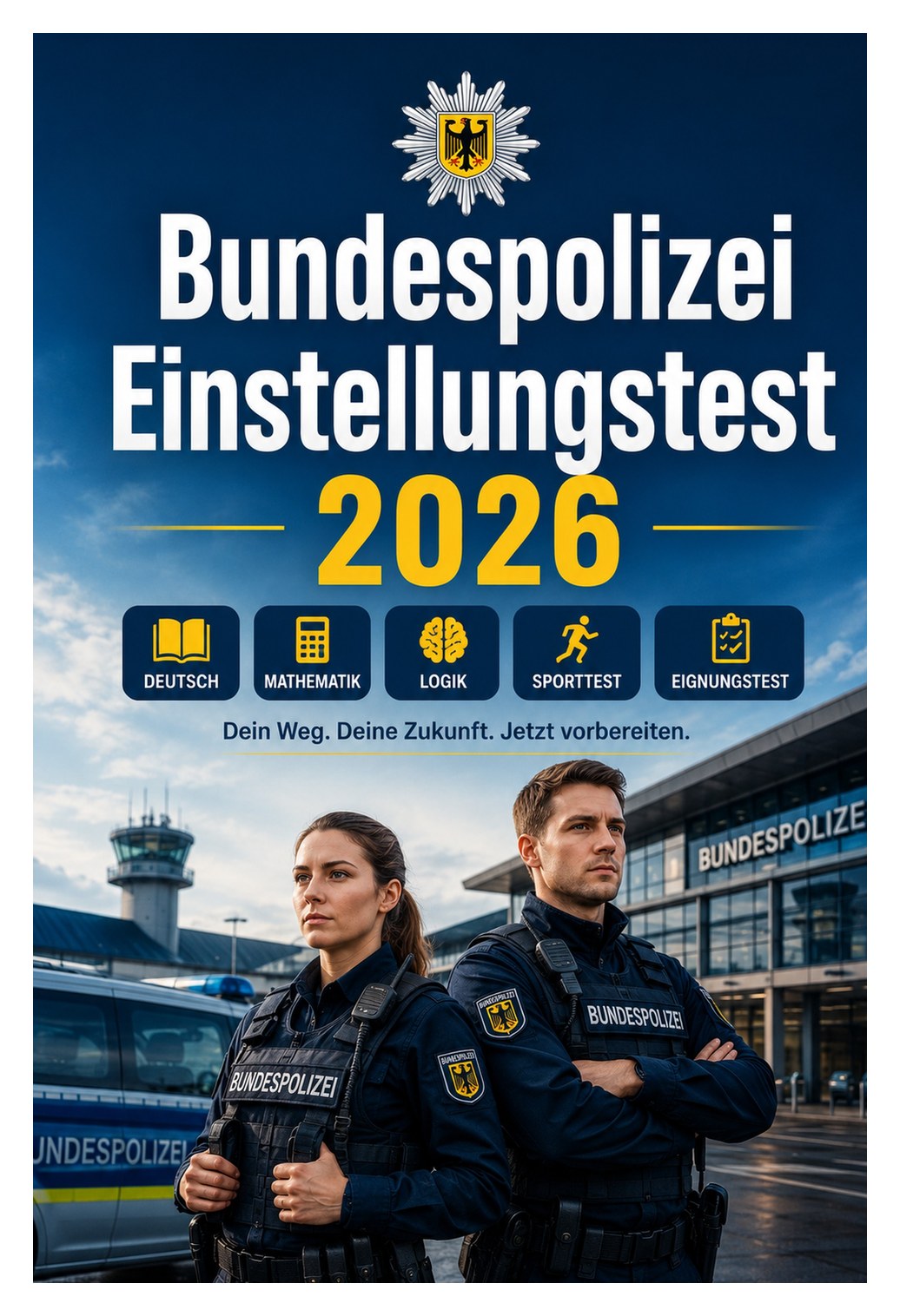Bundespolizei Einstellungstest 2026 — Auswahlverfahren und Eignungstest: Deutsch, Mathematik, Logik, Allgemeinwissen, Konzentration, Diktat, Sporttest, ärztliche Untersuchung und mündliches Gespräch