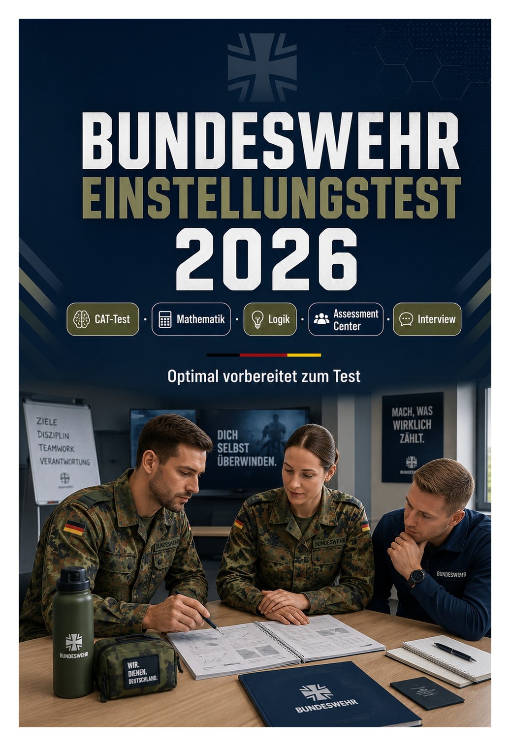 Bundeswehr Einstellungstest 2026 Bundeswehr Einstellungstest 2026 — CAT-Test Vorbereitung: Mathematik, Deutsch, Logik, Allgemeinwissen, Persönlichkeitstest, Sporttest, Assessment Center, psychologisches Gespräch und Interview