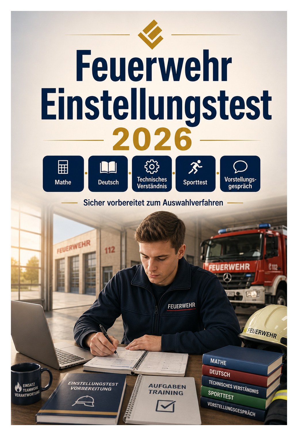 Feuerwehr Einstellungstest 2026 — Berufsfeuerwehr und Werksfeuerwehr Auswahlverfahren: Mathe, Deutsch, Logik, technisches Verständnis, Allgemeinwissen, Konzentration, Sporttest und Vorstellungsgespräch