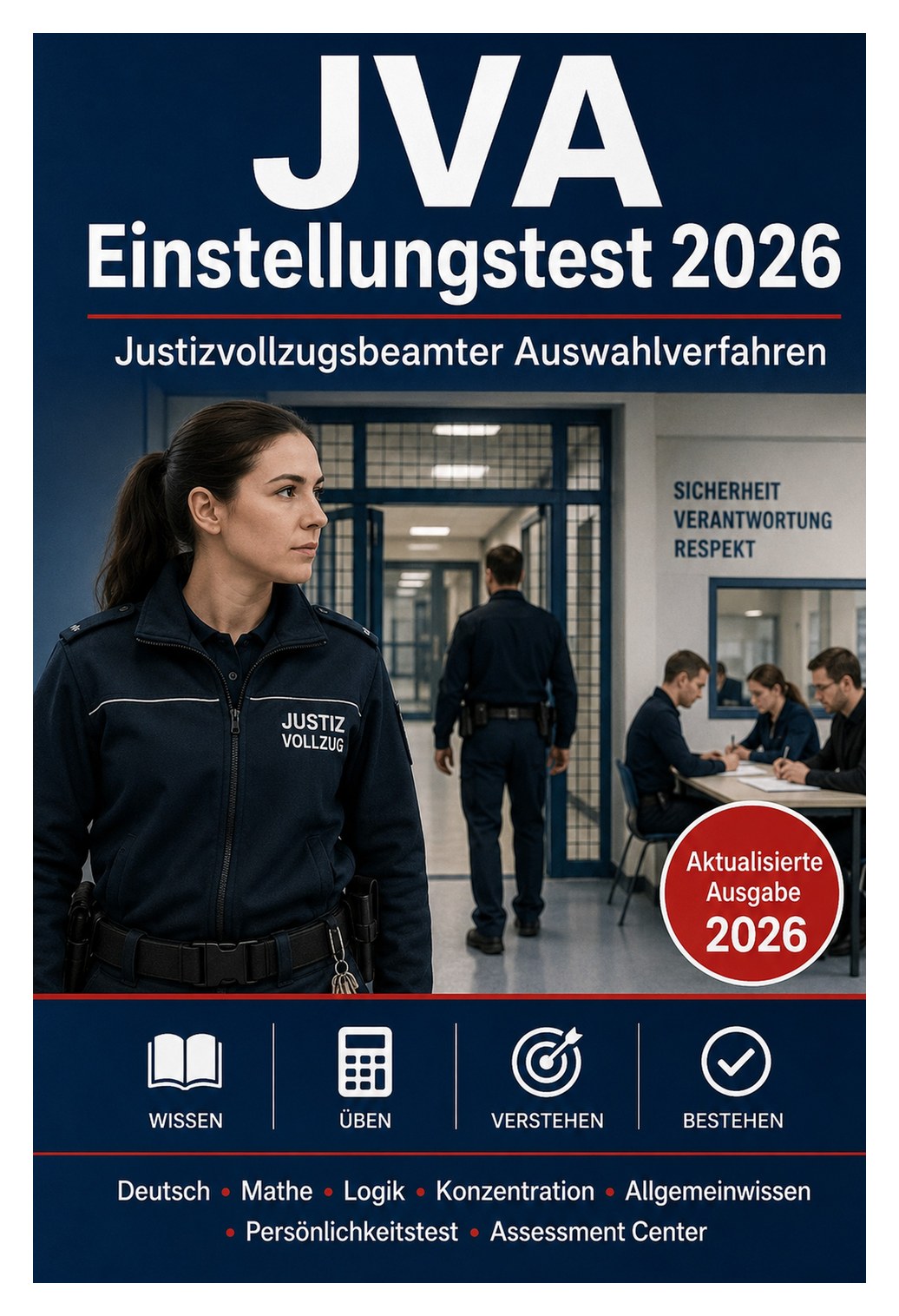 JVA Einstellungstest 2026 — Justizvollzugsbeamter Auswahlverfahren — Deutsch, Mathe, Logik, Konzentration, Allgemeinwissen, Persönlichkeitstest und Assessment Center