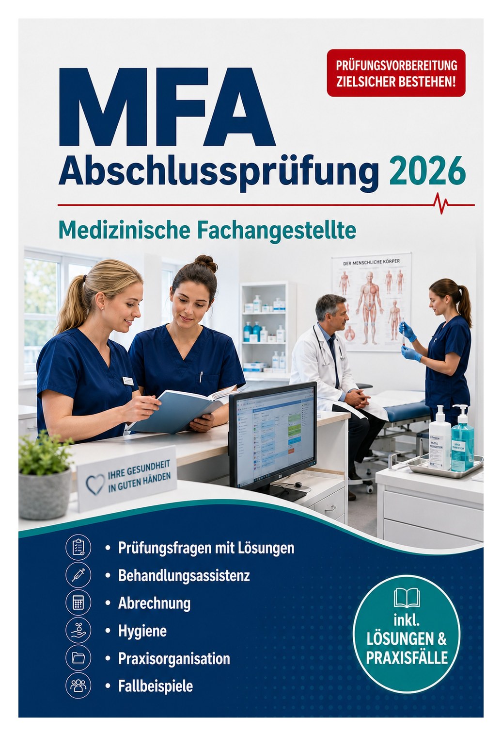 MFA Abschlussprüfung 2026 — Medizinische Fachangestellte MFA Abschlussprüfung 2026 — Medizinische Fachangestellte — Prüfungsfragen mit Lösungen, Behandlungsassistenz, Abrechnung, Hygiene, Praxisorganisation und Fallbeispiele