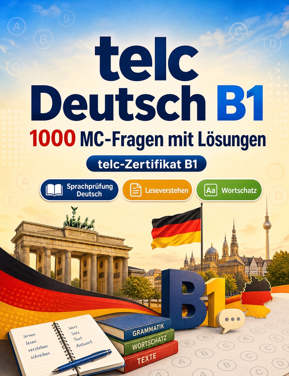 telc Deutsch B1 2026-2027 : 1000 MC-Fragen mit Lösungen — Sprachprüfung Deutsch: Grammatik, Leseverstehen, Wortschatz, Schreiben  und Prüfungssimulation zum Bestehen